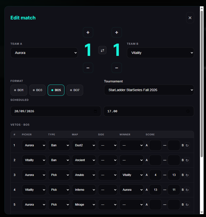Edit match dialog with veto steps