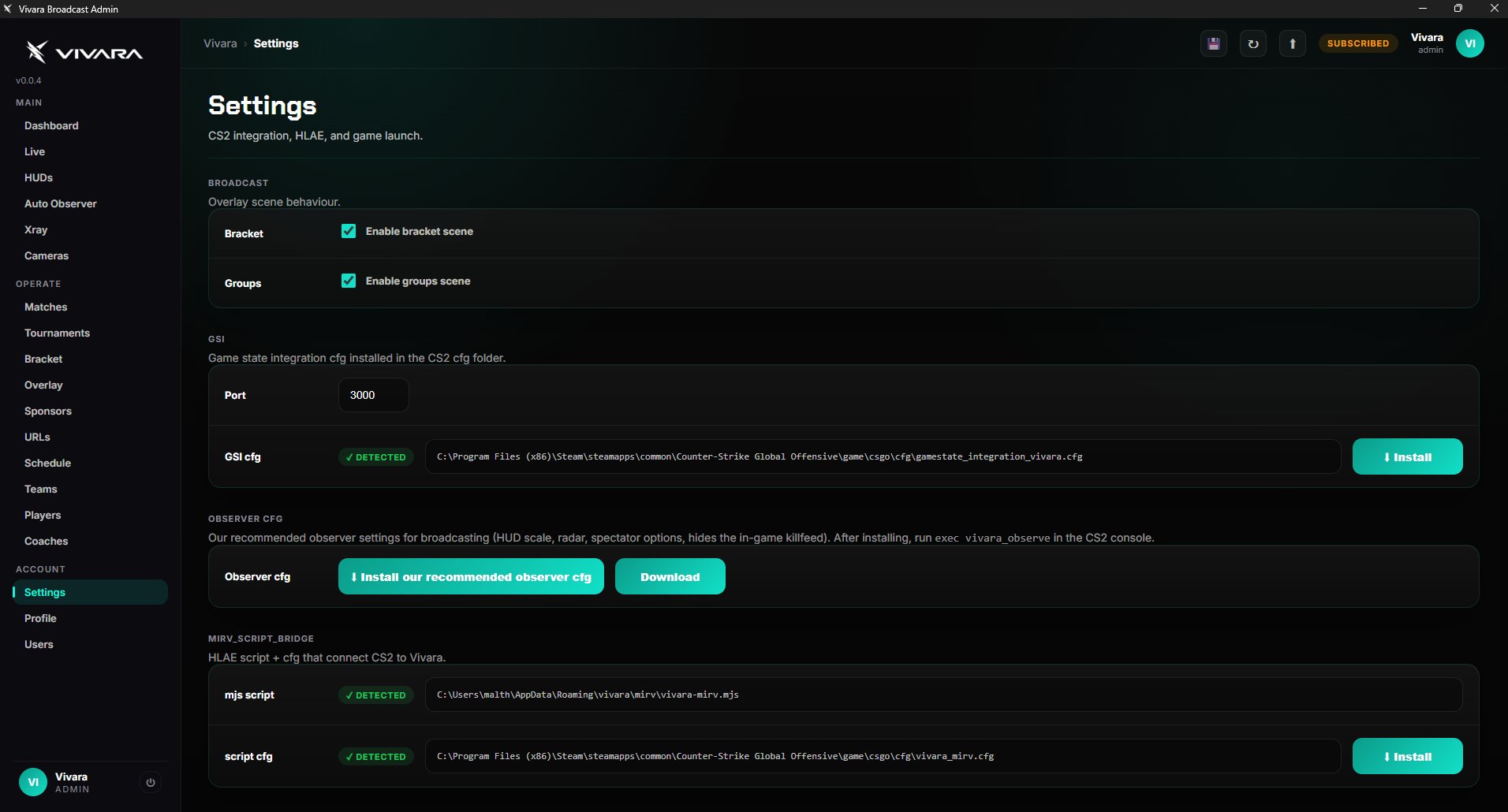 Vivara settings with one-click installs